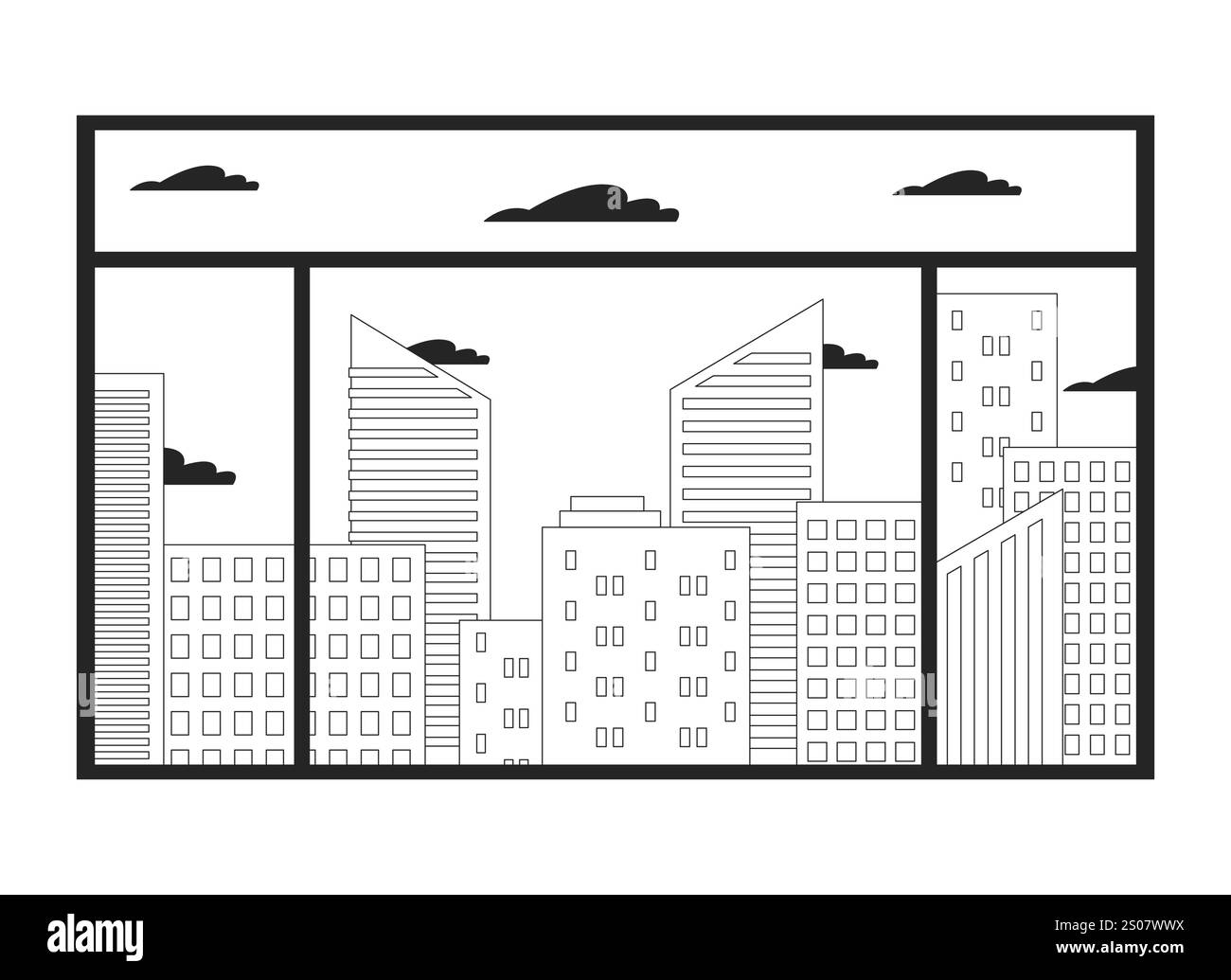 City skyline through window black and white 2D line object Stock Vector