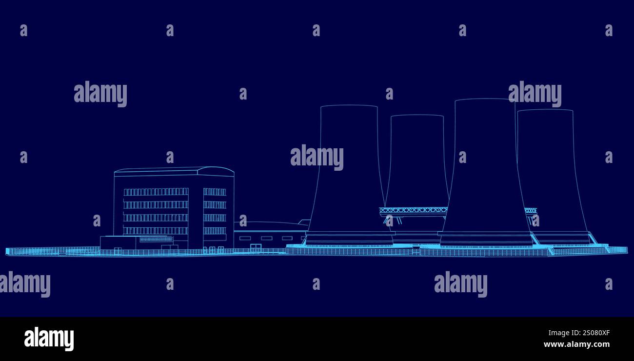 Blue image of a city skyline with a large building in the foreground. The image is in blue and has a futuristic feel to it Stock Vector