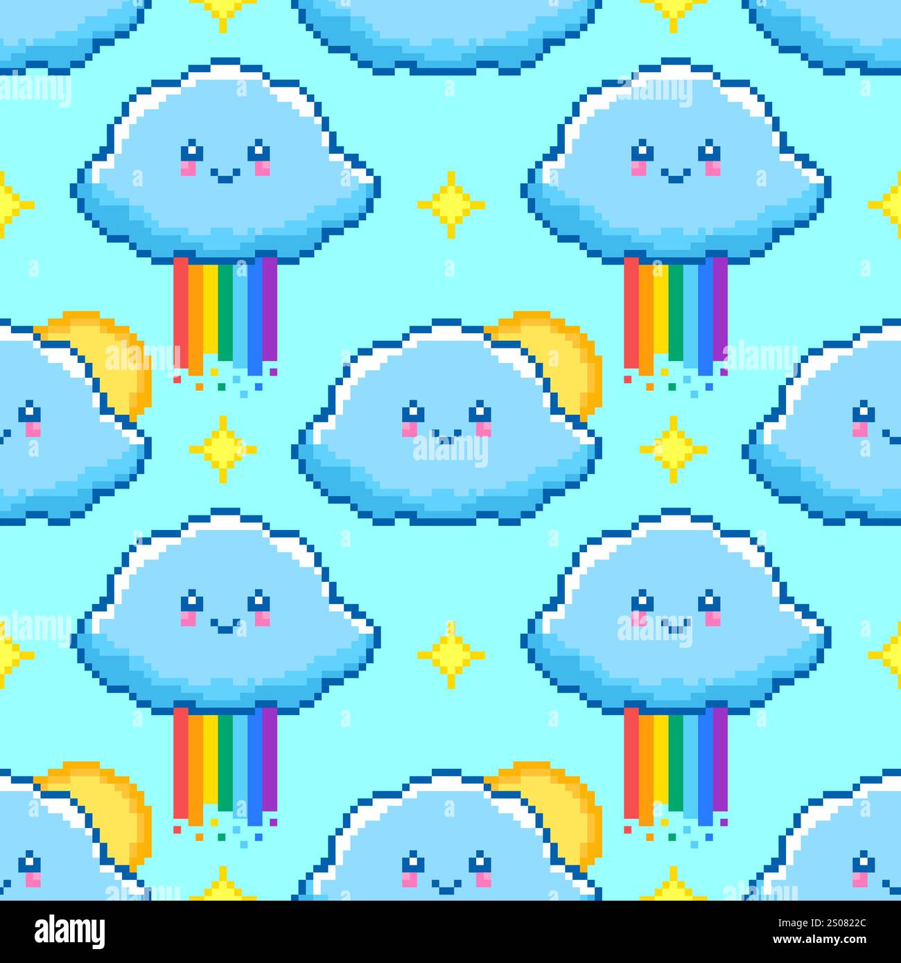Pixel art seamless pattern with clouds with rainbow and suns Stock ...