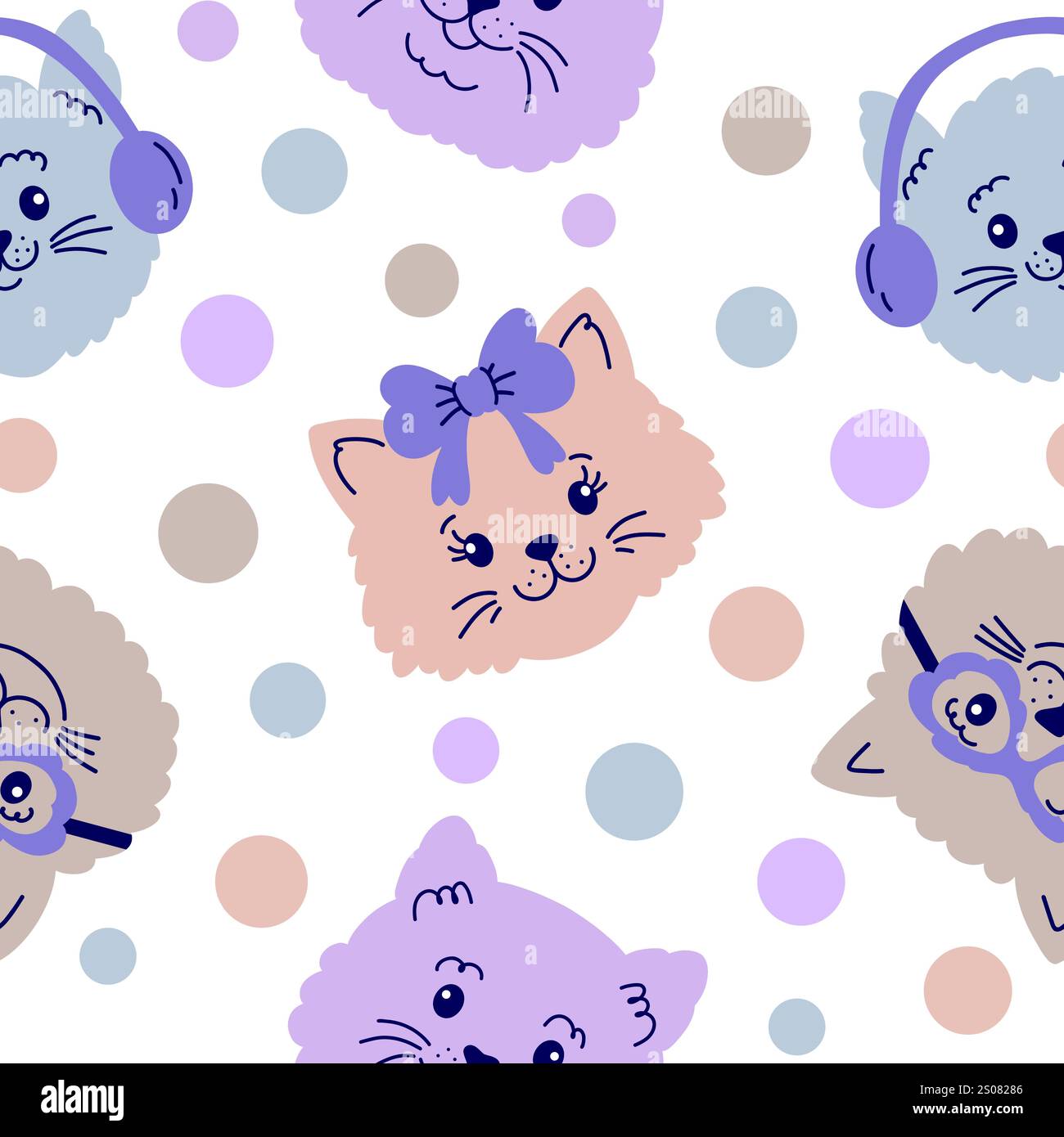 Seamless pattern with cat faces and dots  Stock Vector