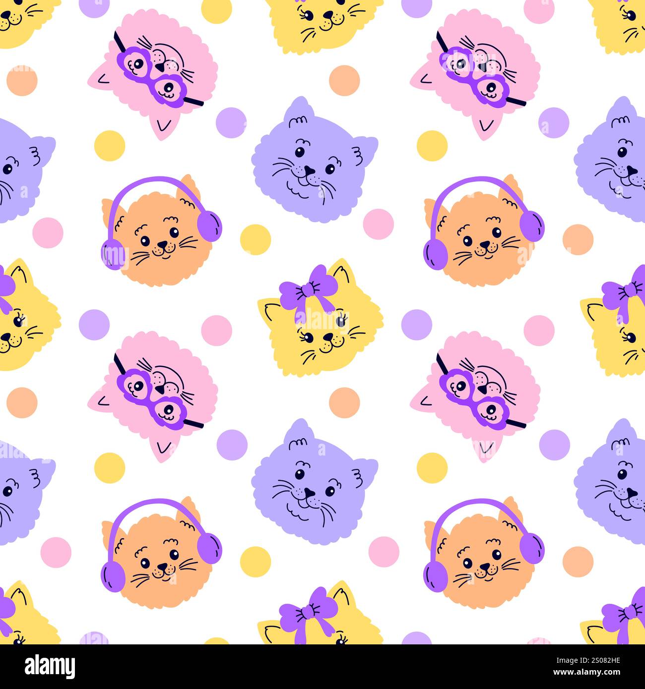 Seamless pattern with cat faces and dots  Stock Vector