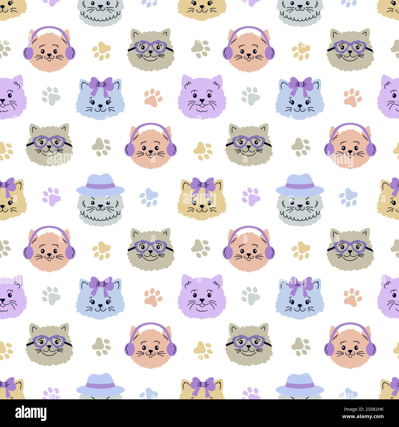 Seamless pattern with cat faces and paws  Stock Vector
