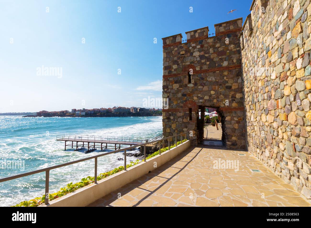 sozopol, bulgaria - aug 09, 2015: southern fortress wall and tower. historic architecture. sunny morning. popular tourist attraction. late antique and Stock Photo