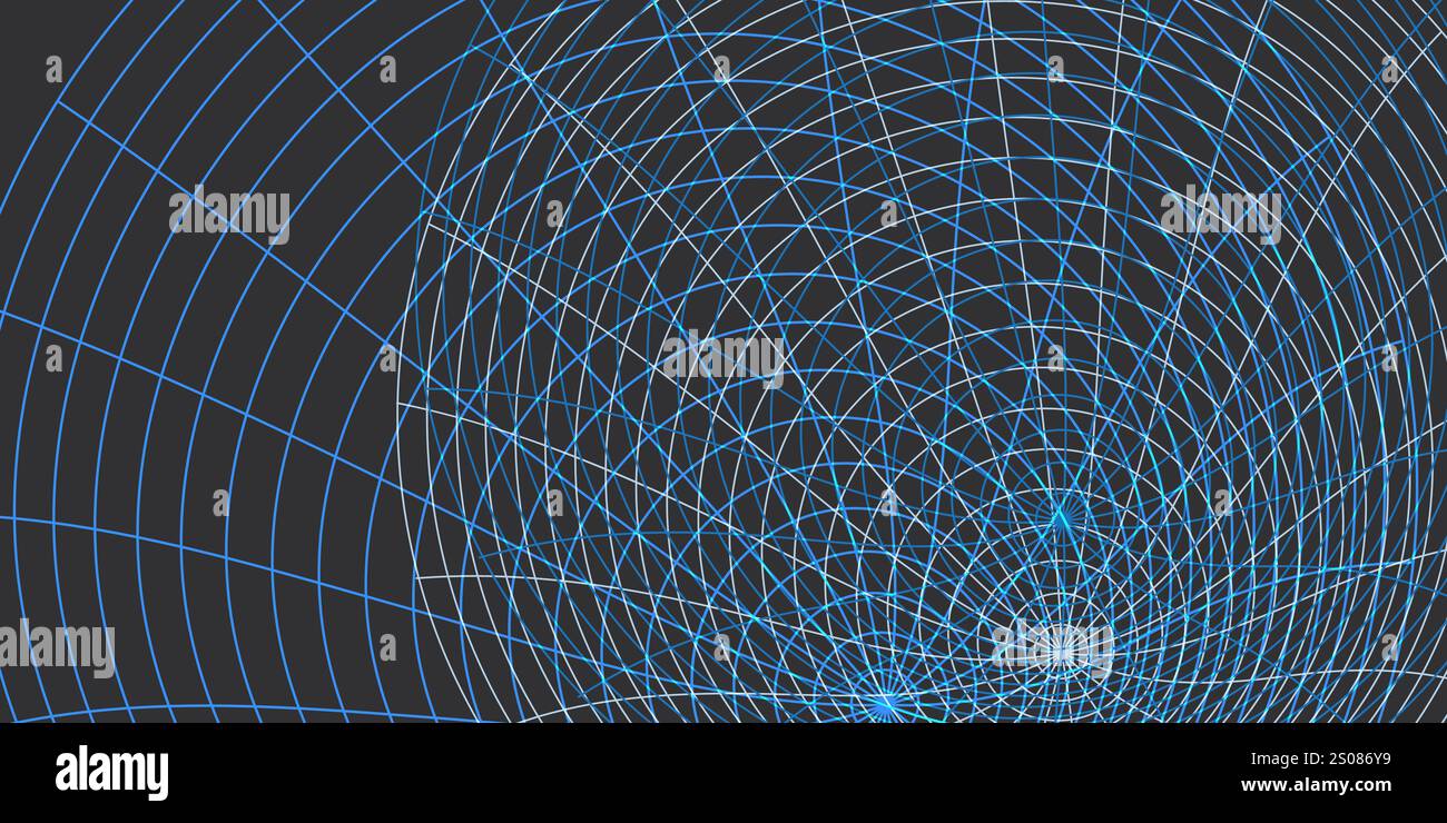 Spiral Network Grid: Convergence of Lines and Light. A Complex, Spiraling Circular Dynamic Network Design of Intersecting Blue Lines on a Dark Backgro Stock Vector