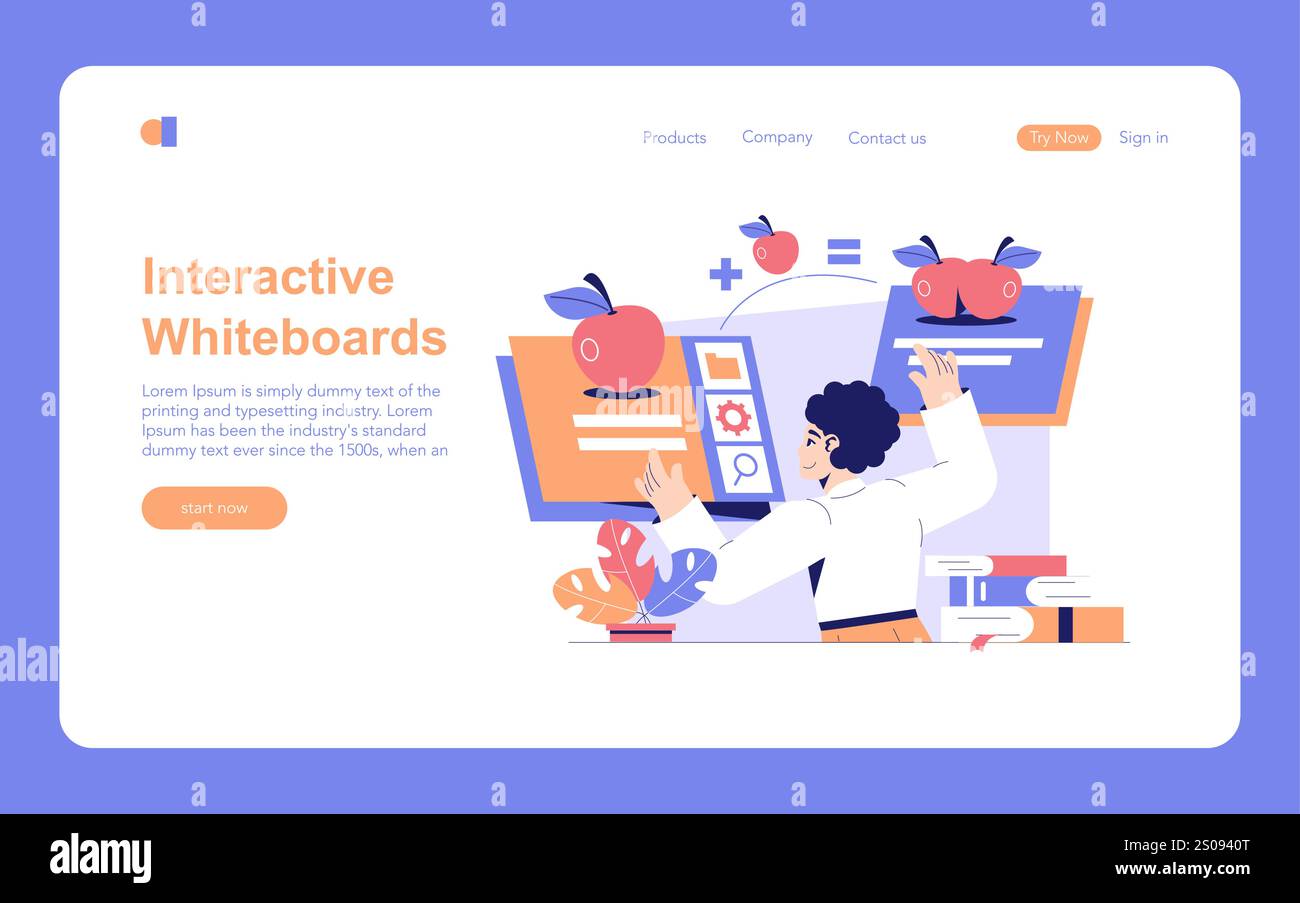 Edtech concept. Digital classroom interaction featuring a teacher using an interactive whiteboard with education icons. Vector illustration. Stock Vector