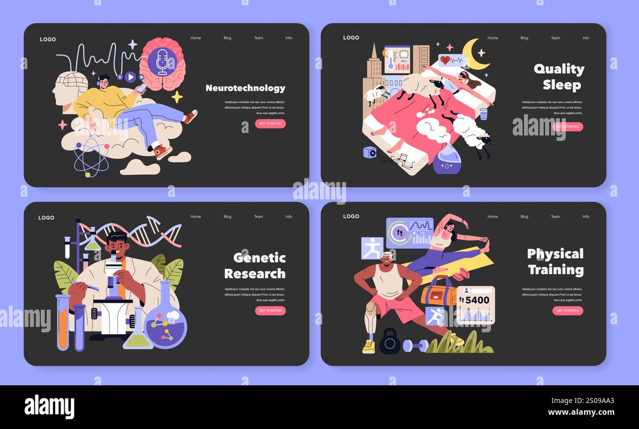 Biohacking set. Concepts of neurotechnology, quality sleep, genetic ...