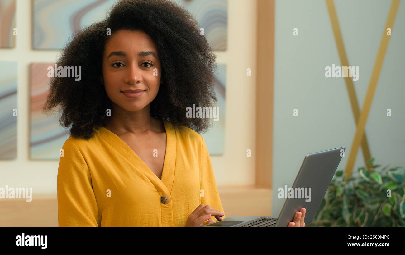 Happy Client Using Computer Happy smiling African American woman ethnic student businesswoman ...