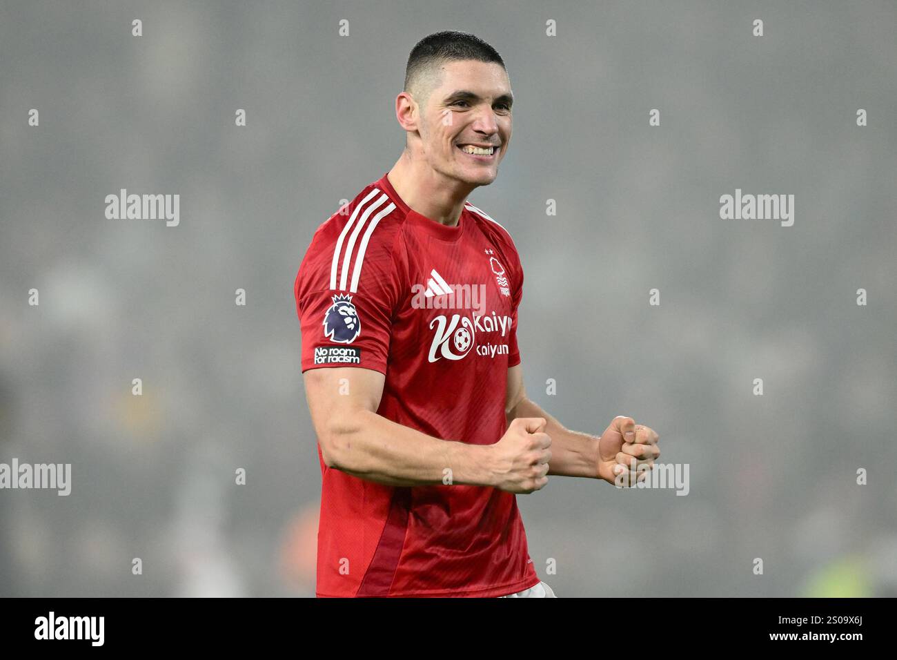 Nikola Milenkovic Of Nottingham Forest Celebrates Victory During The 