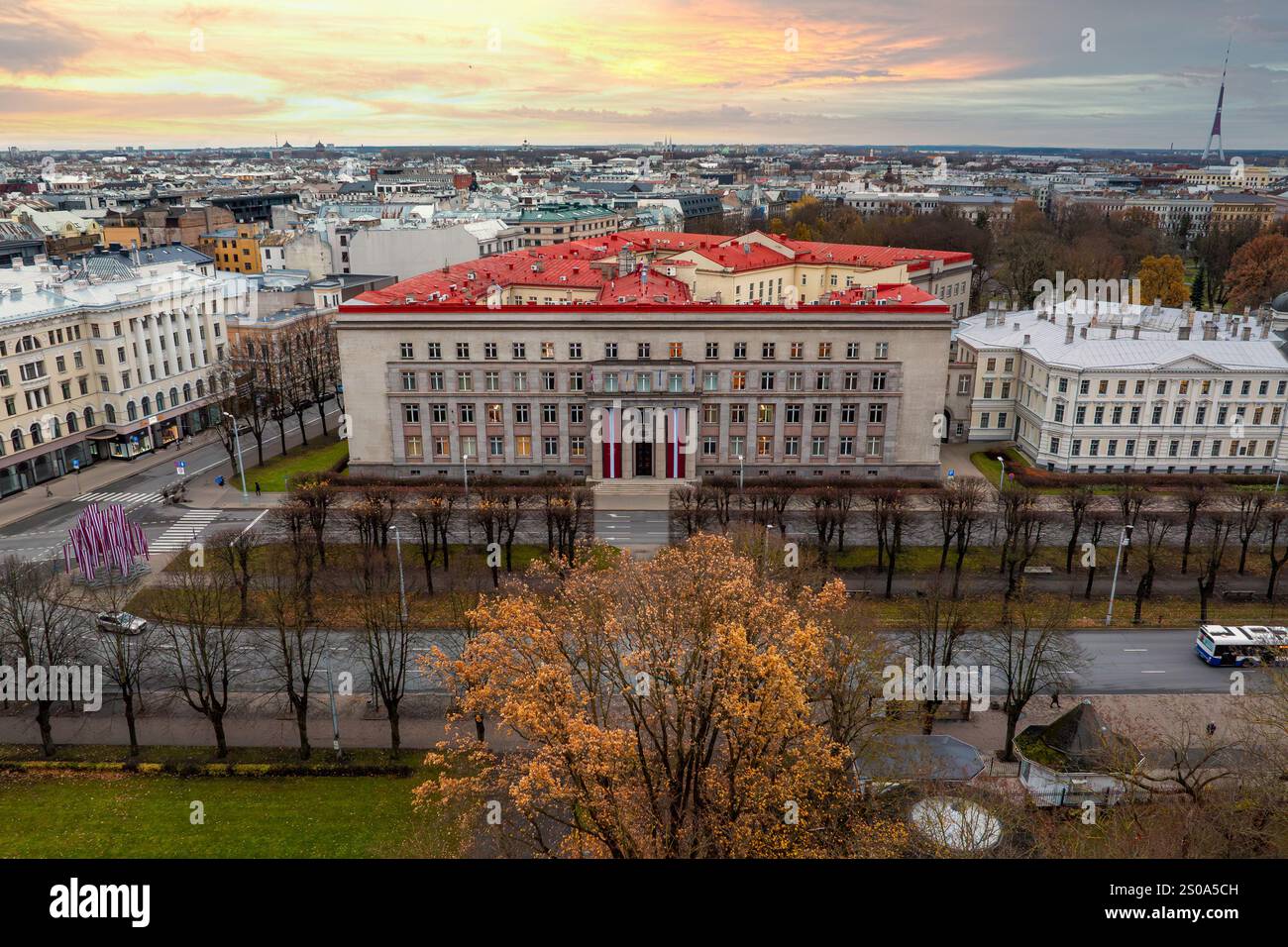 Eclipse Building Riga Aerial view of a prominent building in Riga, Latvia, with a red roof ...