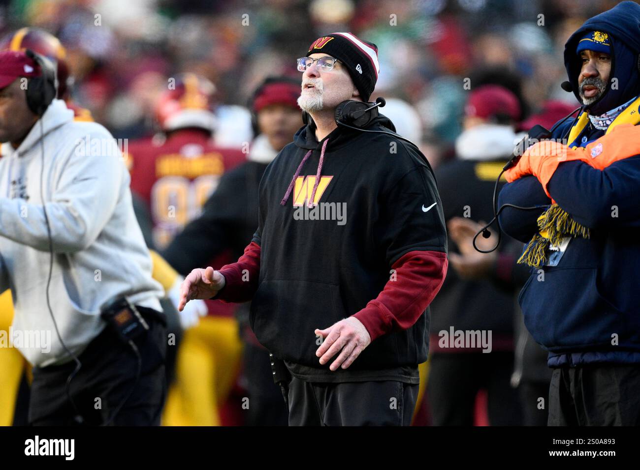 Washington Commanders head coach Dan Quinn in action during the second