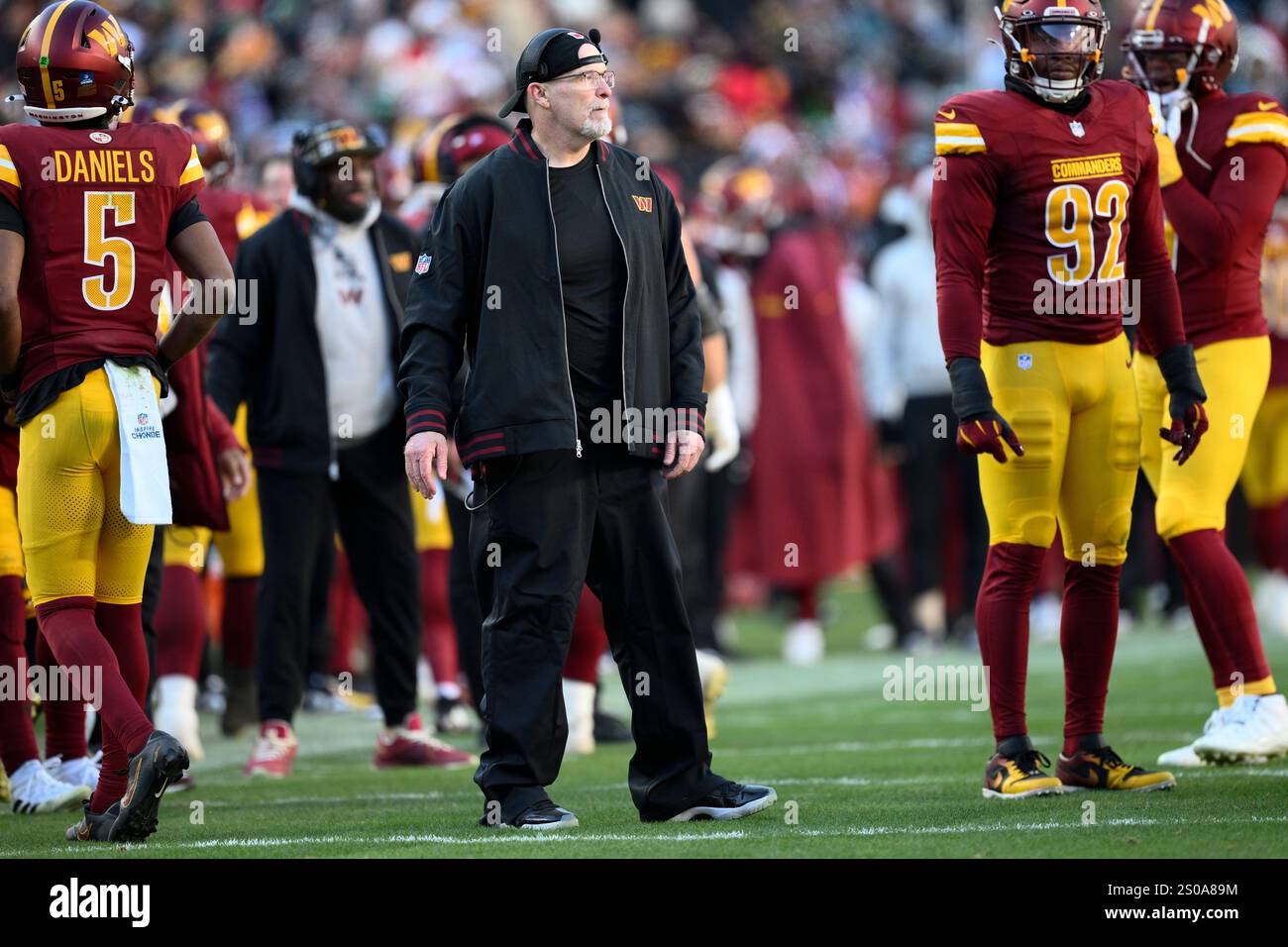 Washington Commanders head coach Dan Quinn in action during the first