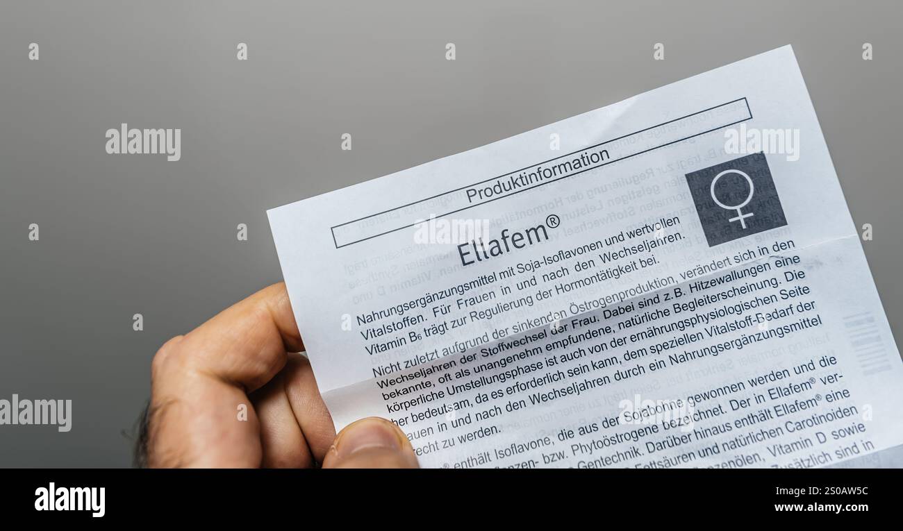 Paris, France - Oct 25, 2023: Detailed close-up of the Ellafem product leaflet highlighting the supplement's features, benefits, and composition for regulating hormonal balance Stock Photo