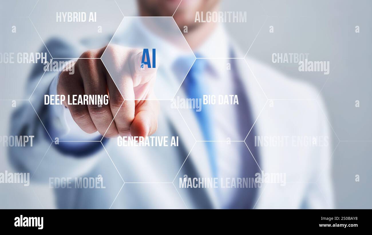 Businessman pointing the word AI with his hand. Stock Photo