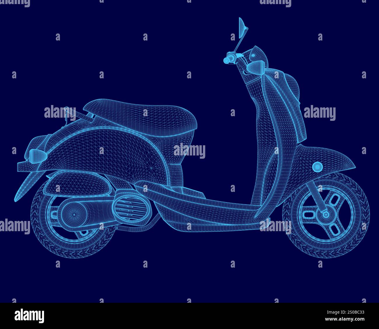 Blue scooter with handlebar and a seat. The scooter is shown in a blue