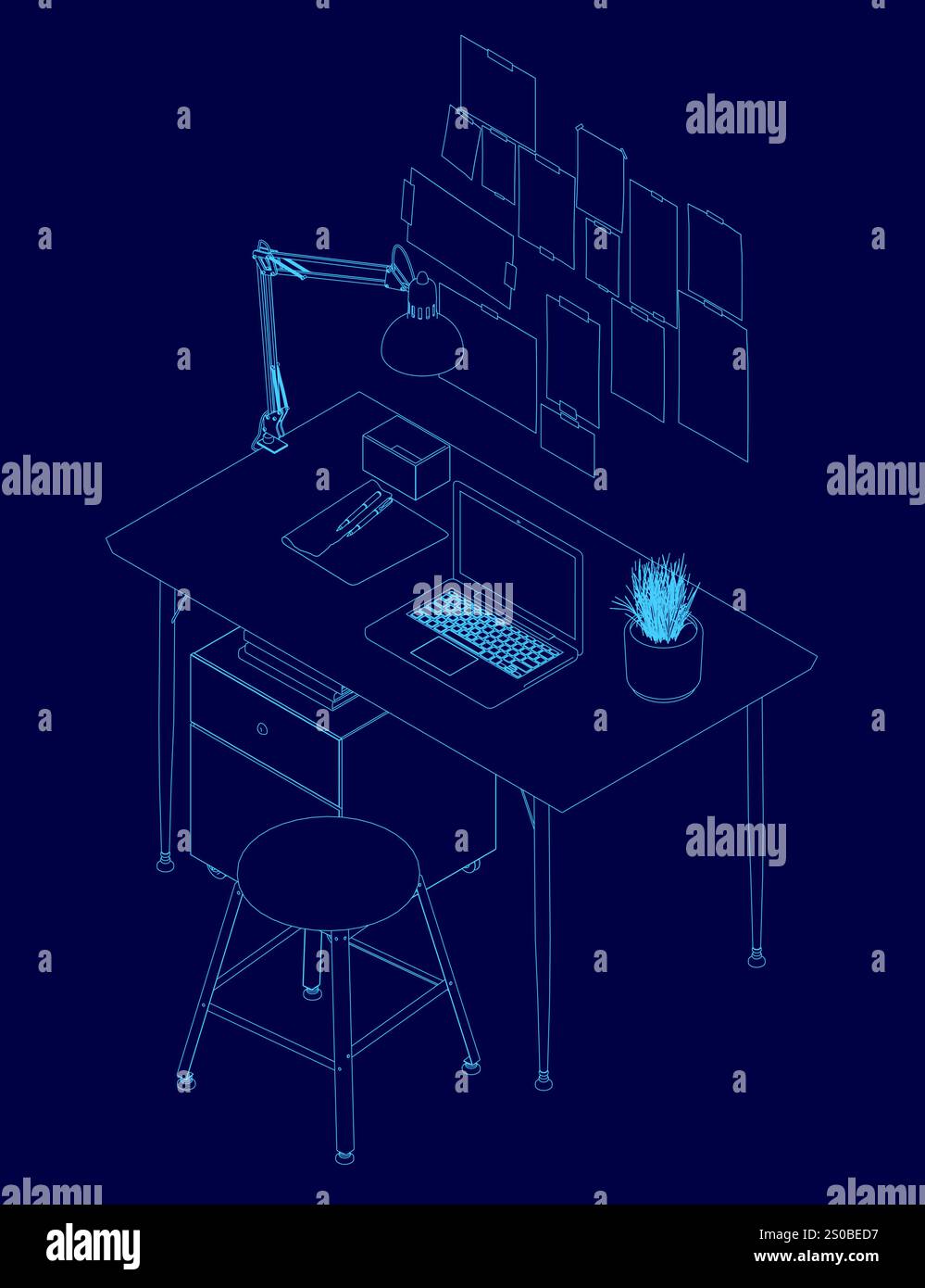 Blue drawing of a desk with a laptop, a keyboard, a mouse, a plant, and ...