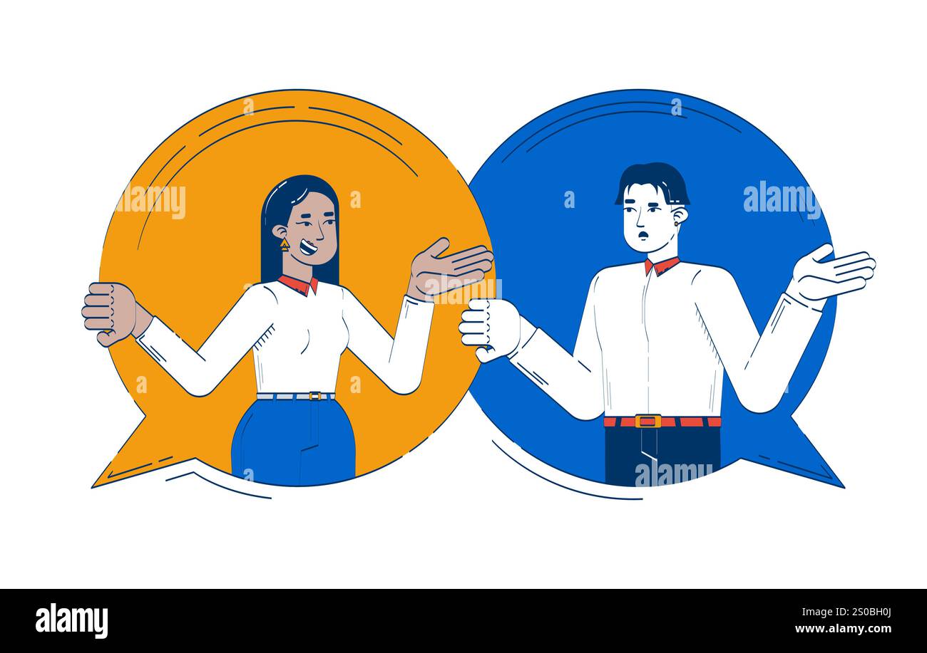 Dialogue between diverse colleagues in speech bubbles doodle illustration Stock Vector