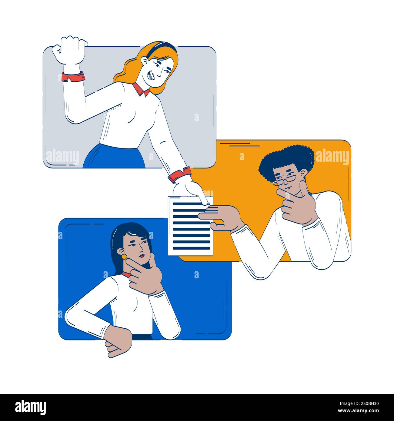Virtual team collaborating online interaction doodle illustration concept Stock Vector