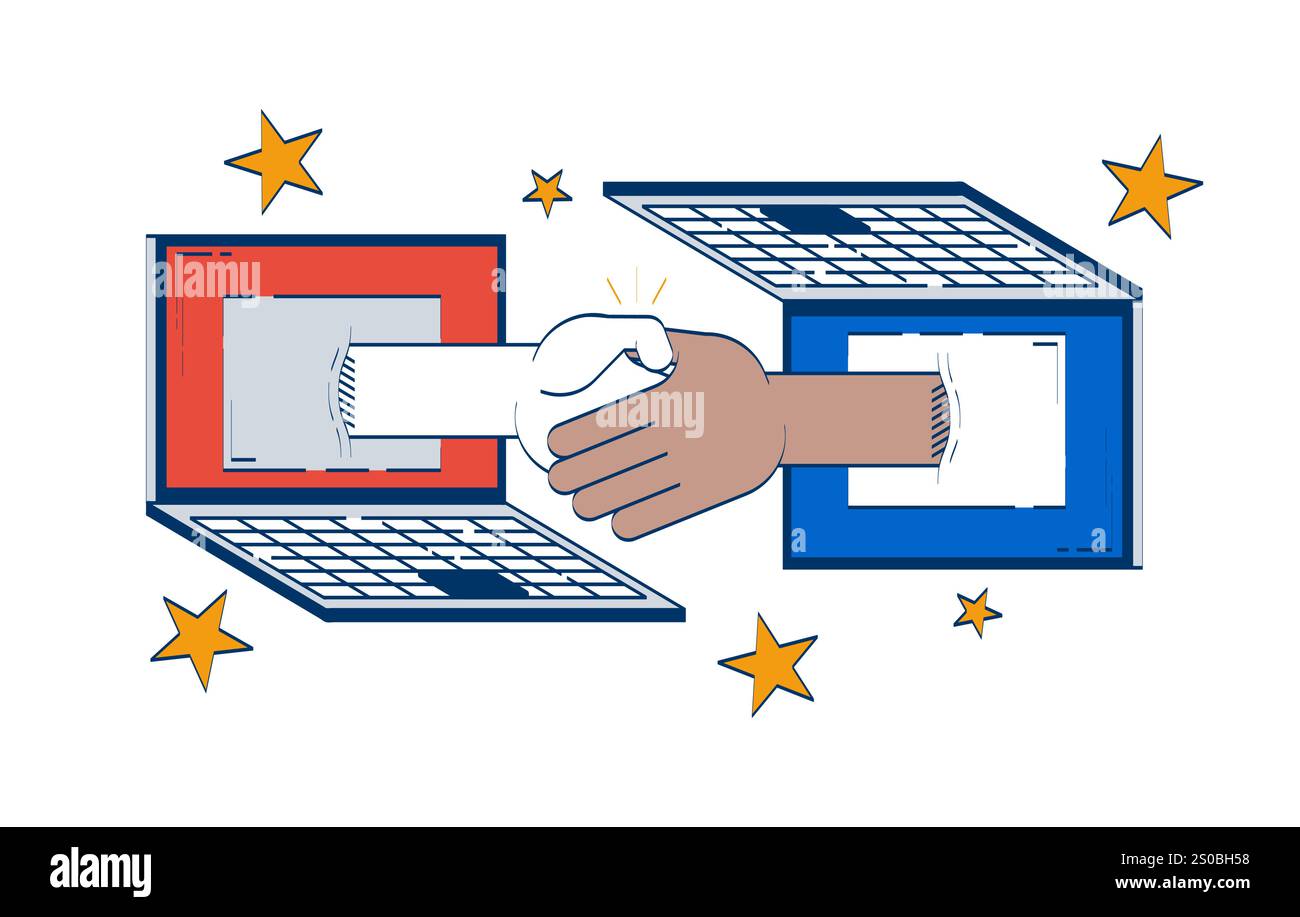 Virtual handshake connecting two laptops doodle illustration concept Stock Vector