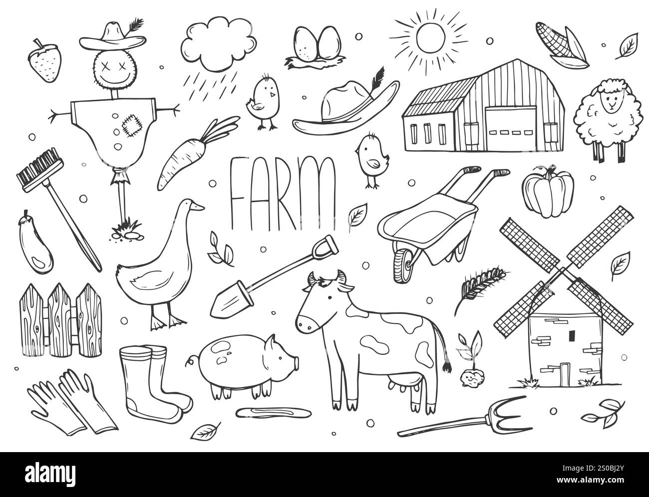 Hand drawn set farm animal, horse, cow, flowers. Doodle sketch style ...