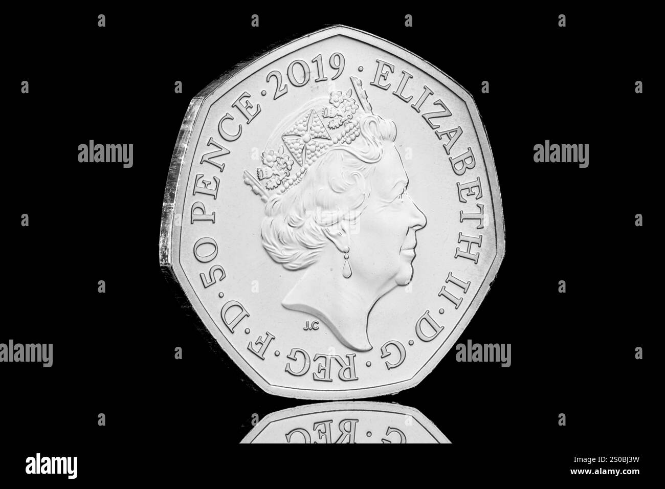 UK 2019 50 pence coin issued to commemorate the 50th anniversary of the 50 pence coin. Stock Photo