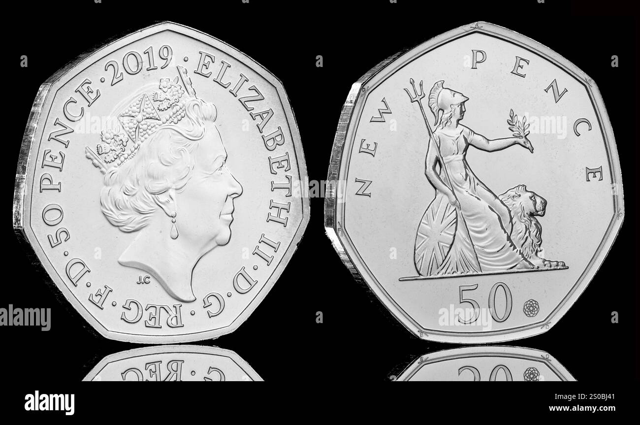 UK 2019 50 pence coin issued to commemorate the 50th anniversary of the 50 pence coin. Comes with a special privy mark and micro writing Stock Photo