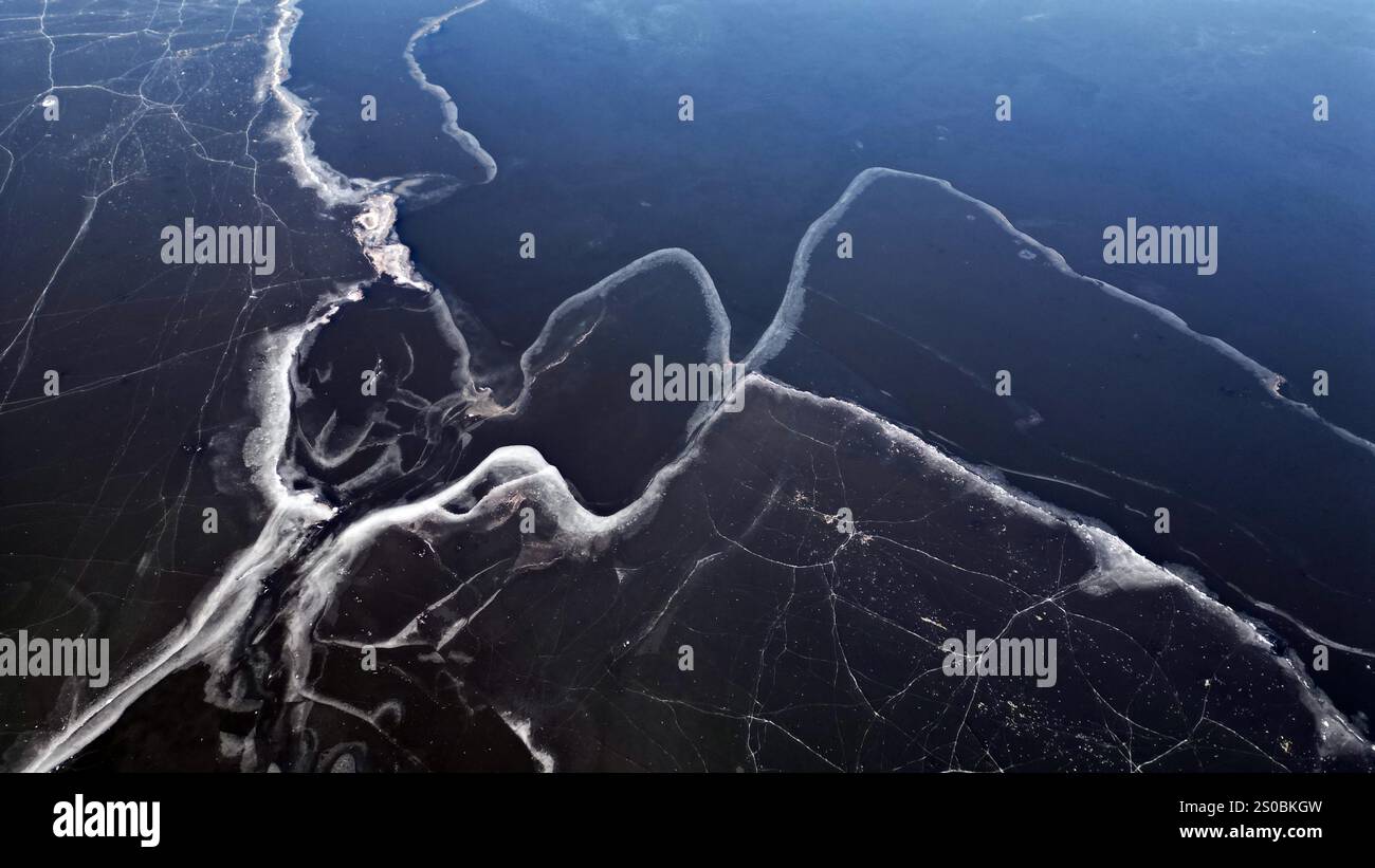 Aerial photo shows the frozen Hun River in Shenyang City, northeast