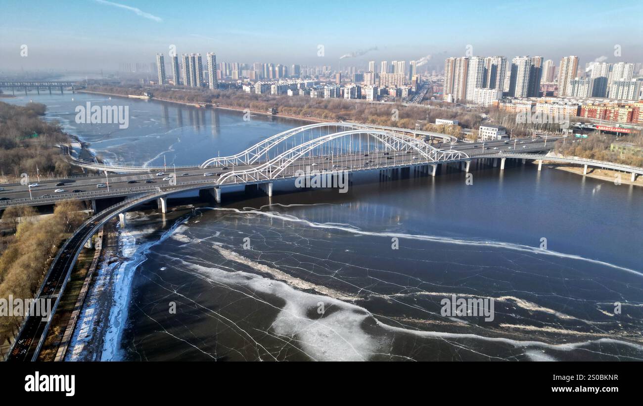 Aerial photo shows the frozen Hun River in Shenyang City, northeast