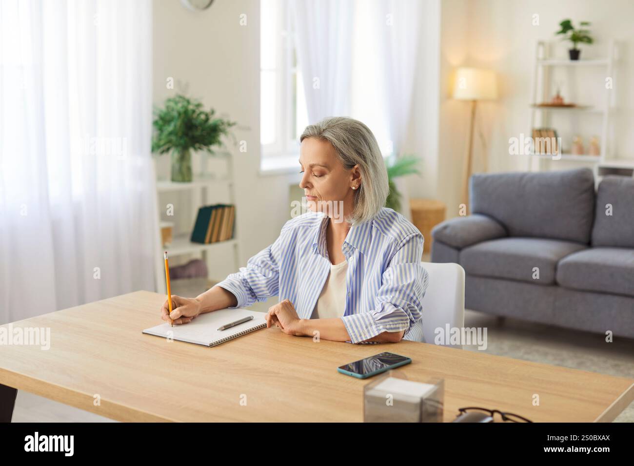 Senior Woman Writing Business Plan in Notepad at Home Stock Photo