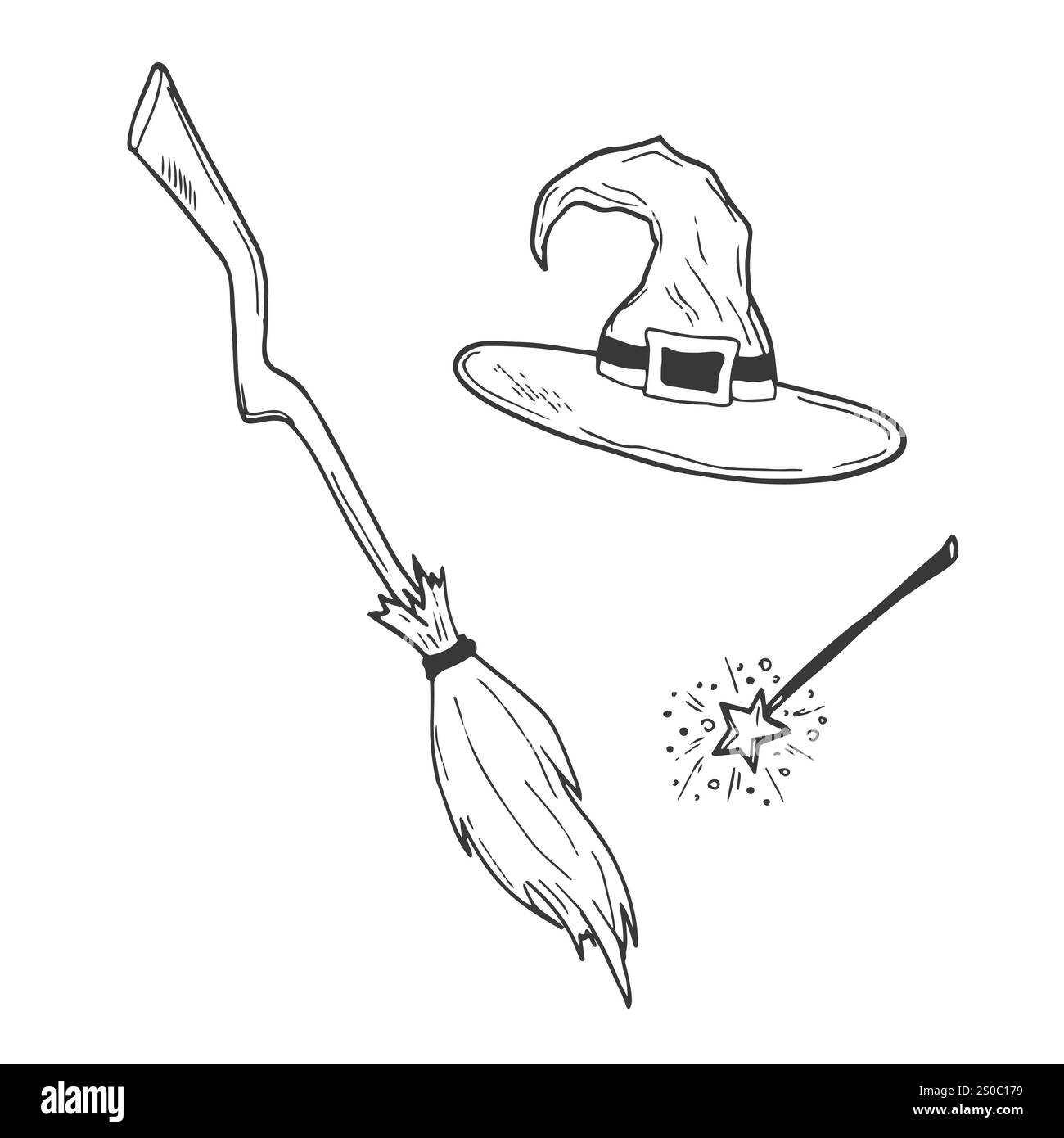 Magic doodle set includes: a bundle, a wizard's hat, a broom for flying, a fortune teller's crystal ball Stock Vector