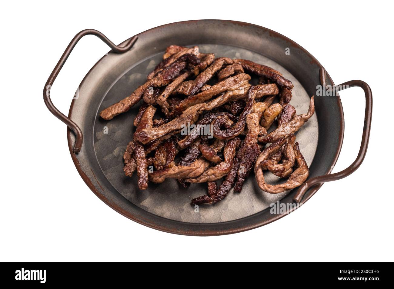 Deep Fly Meat Deep fried beef tender strips, sliced meat in a tray isolated on white ...