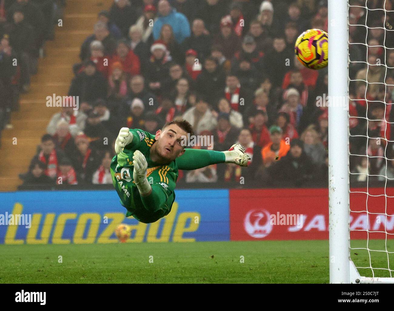 Liverpool, UK. 26th Dec, 2024. Leicester's goalkeeper Jakub Stolarczyk is beaten by Liverpool's Cody Gakpo's goal during the Premier League match at Anfield, Liverpool. Picture credit should read: David Klein/Sportimage Credit: Sportimage Ltd/Alamy Live News Stock Photo