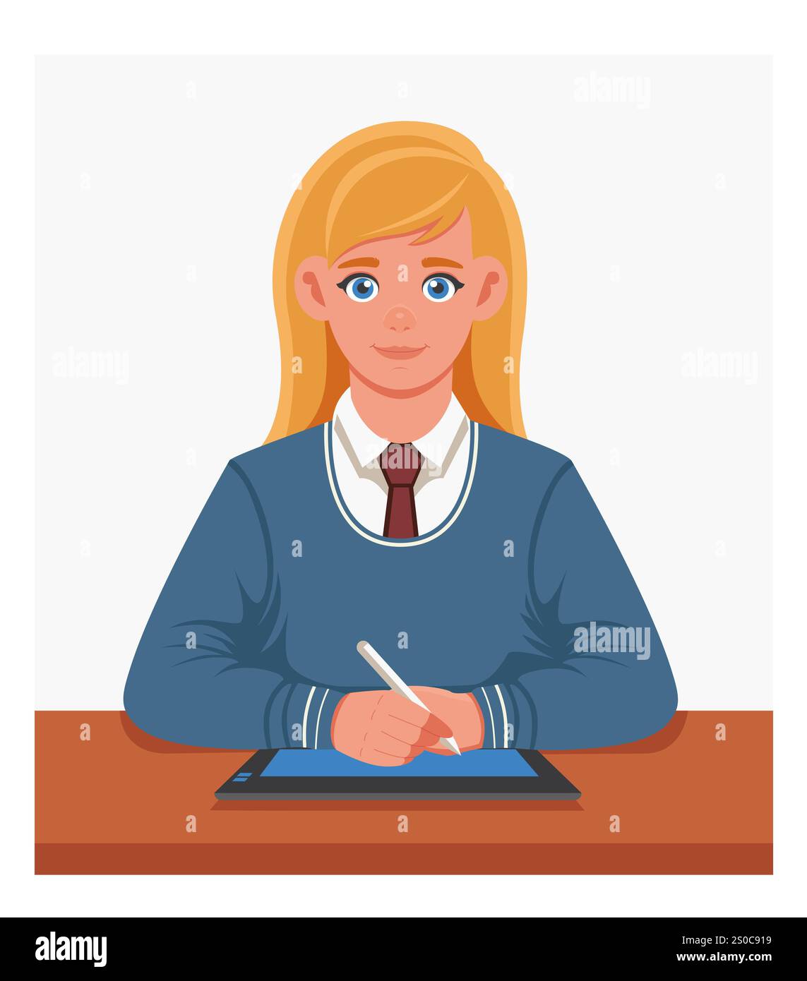 Student sitting at a desk studying to be a graphic designer using a graphic tablet. Vector. Cartoon concept of studying, working Stock Photo