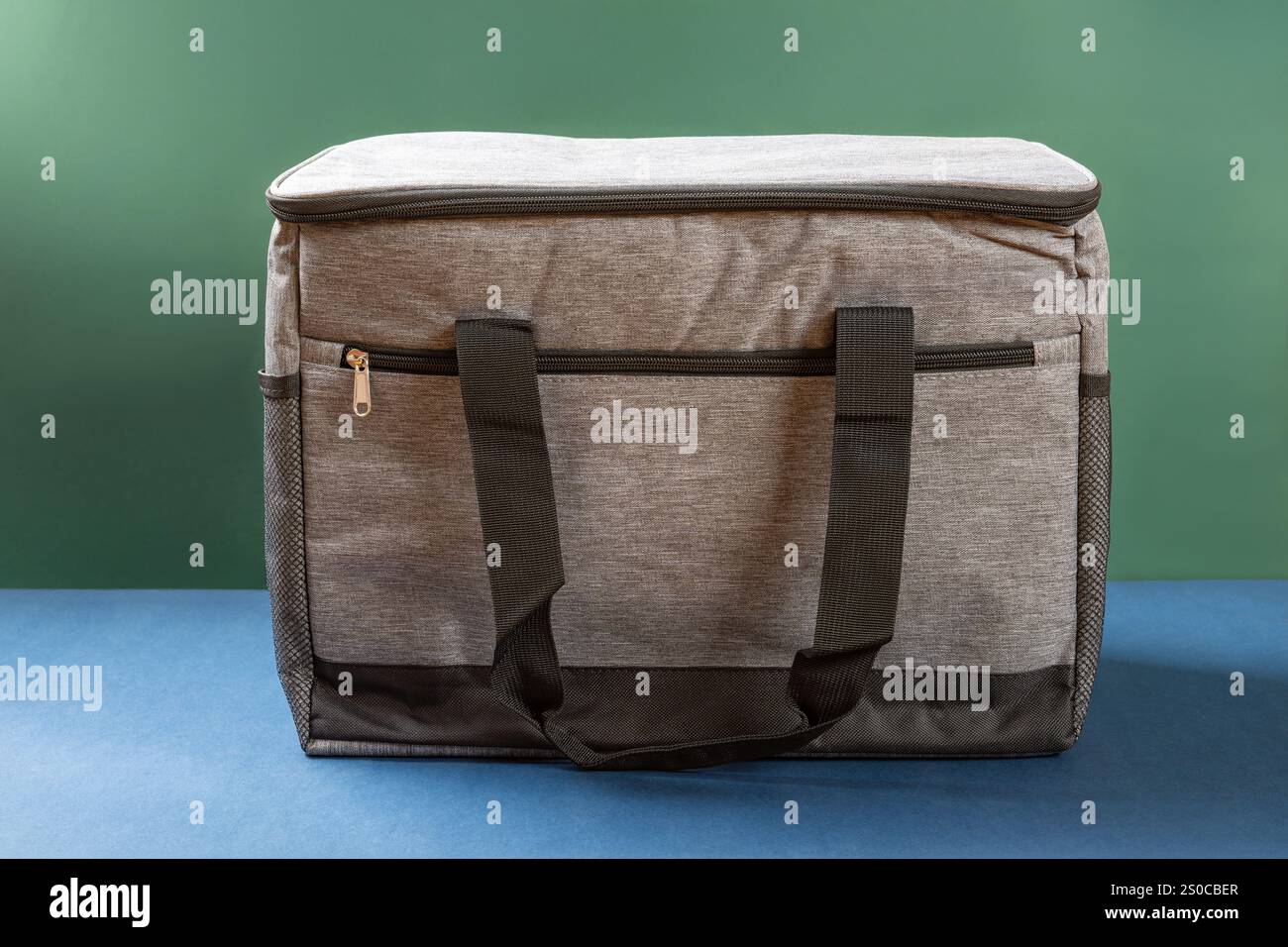 front view big grey lunch pack carrier with the top open Stock Photo