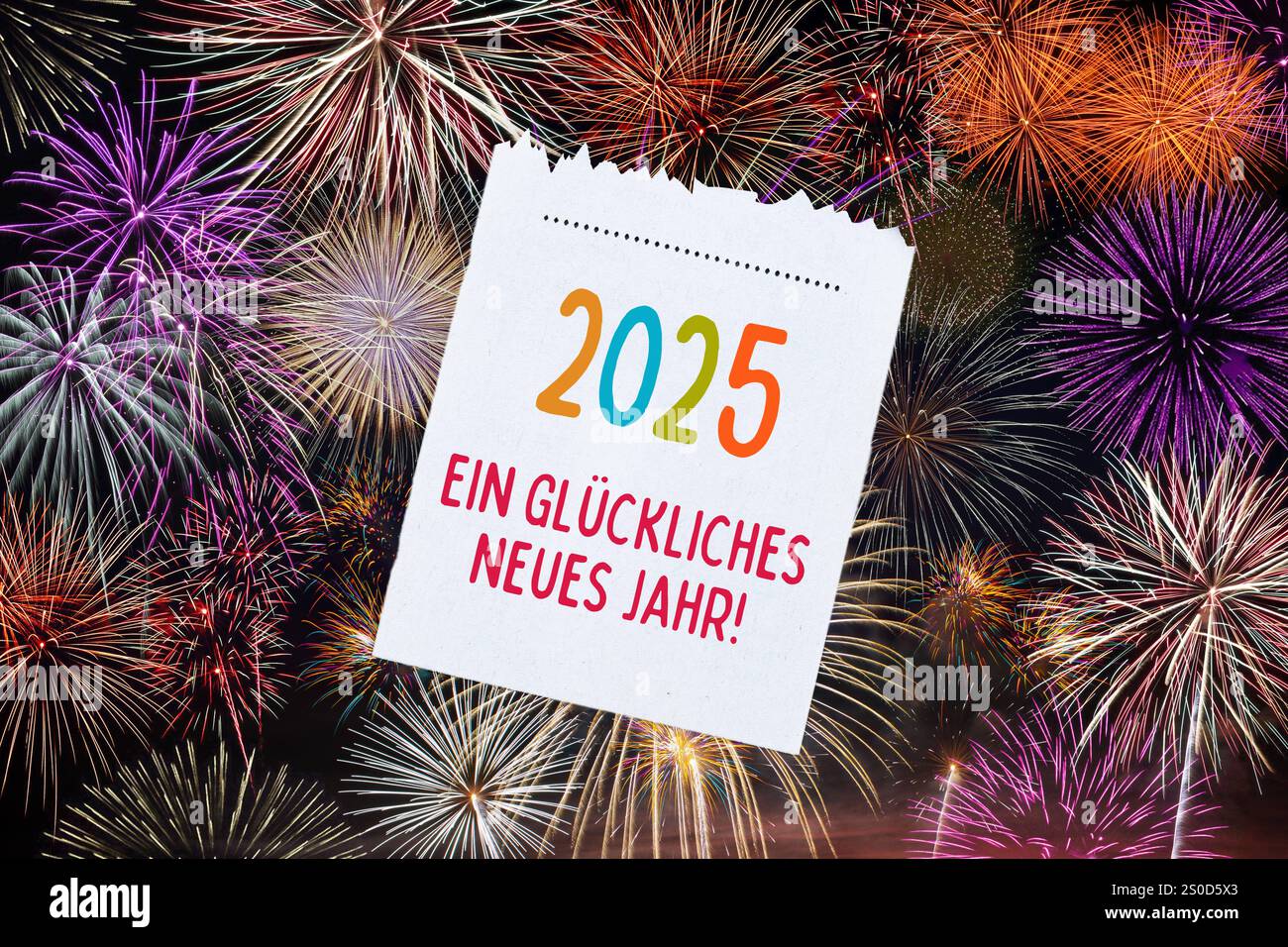 FOTOMONTAGE, Die Zahl 2025 auf einem Kalenderblatt umgeben von
