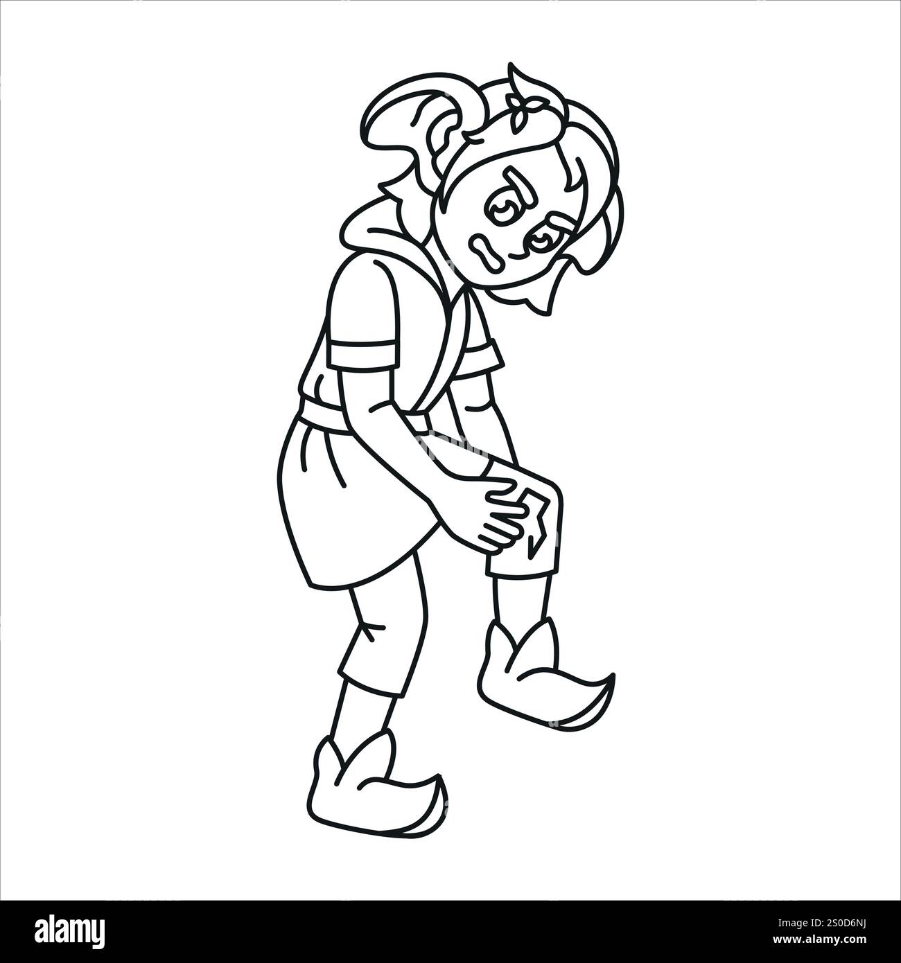 Fary tale character ripped his pants color line illustration. Pose and emotions of the forest elf. Editable stroke. Stock Vector