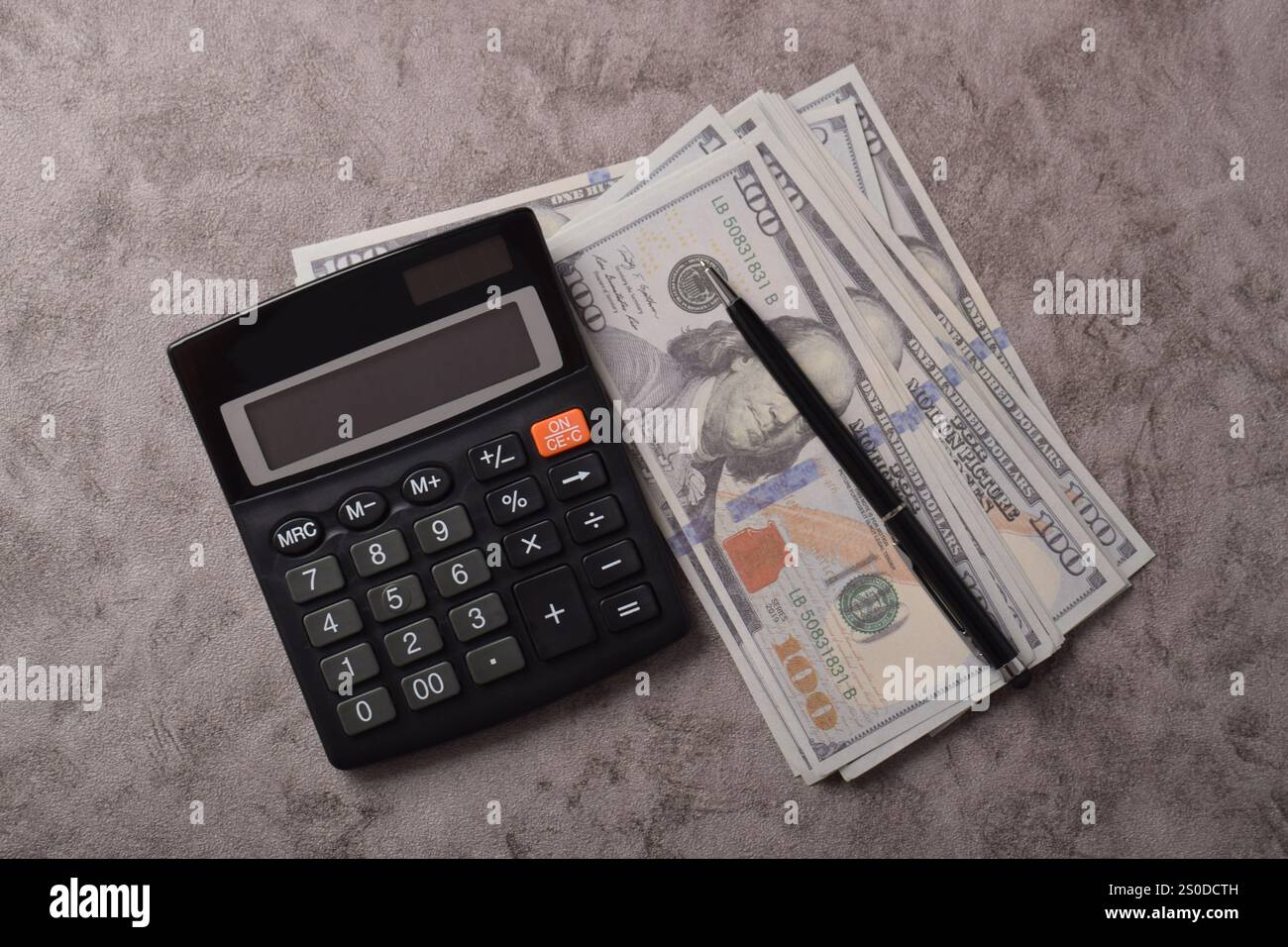 Calculator and dollar bills, new year finance, money and budget illustration Stock Photo