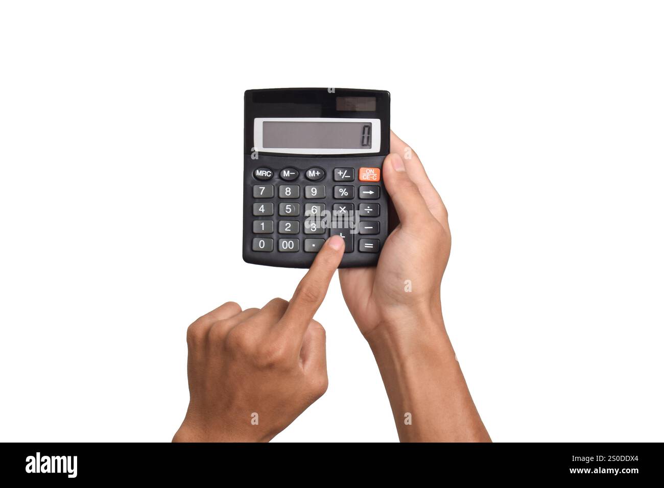 Hands holding and using a calculator isolated on a white background Stock Photo