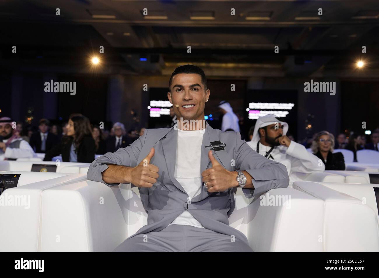 Al Nassr's Cristiano Ronaldo gestures, during the Globe Soccer Awards