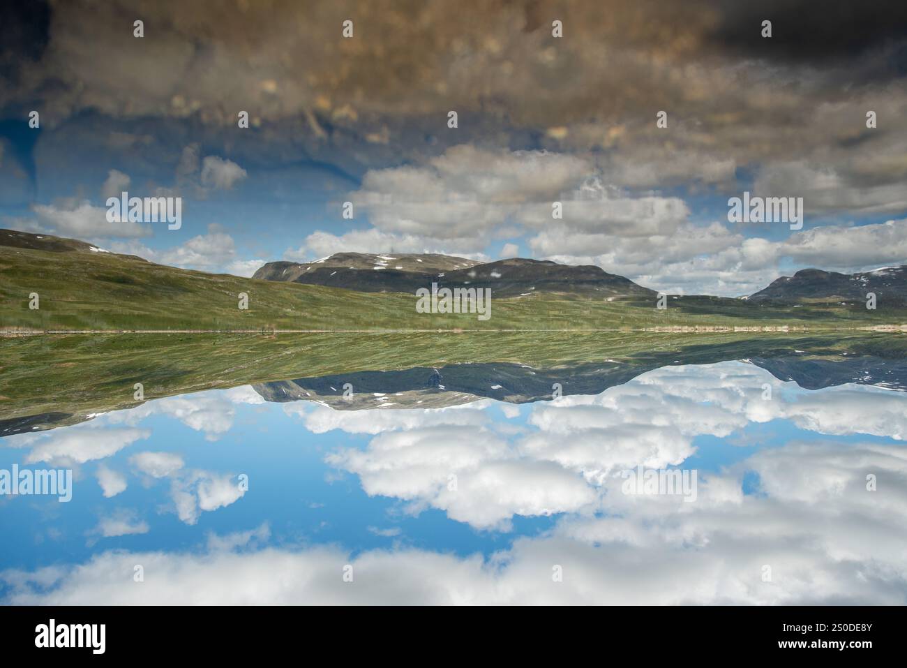 Norwegian nature landscapes, mountain under sunny blue sky Eldrevatnet lake in Hemsedal valley, Sogn og Fjordane, Norway Stock Photo