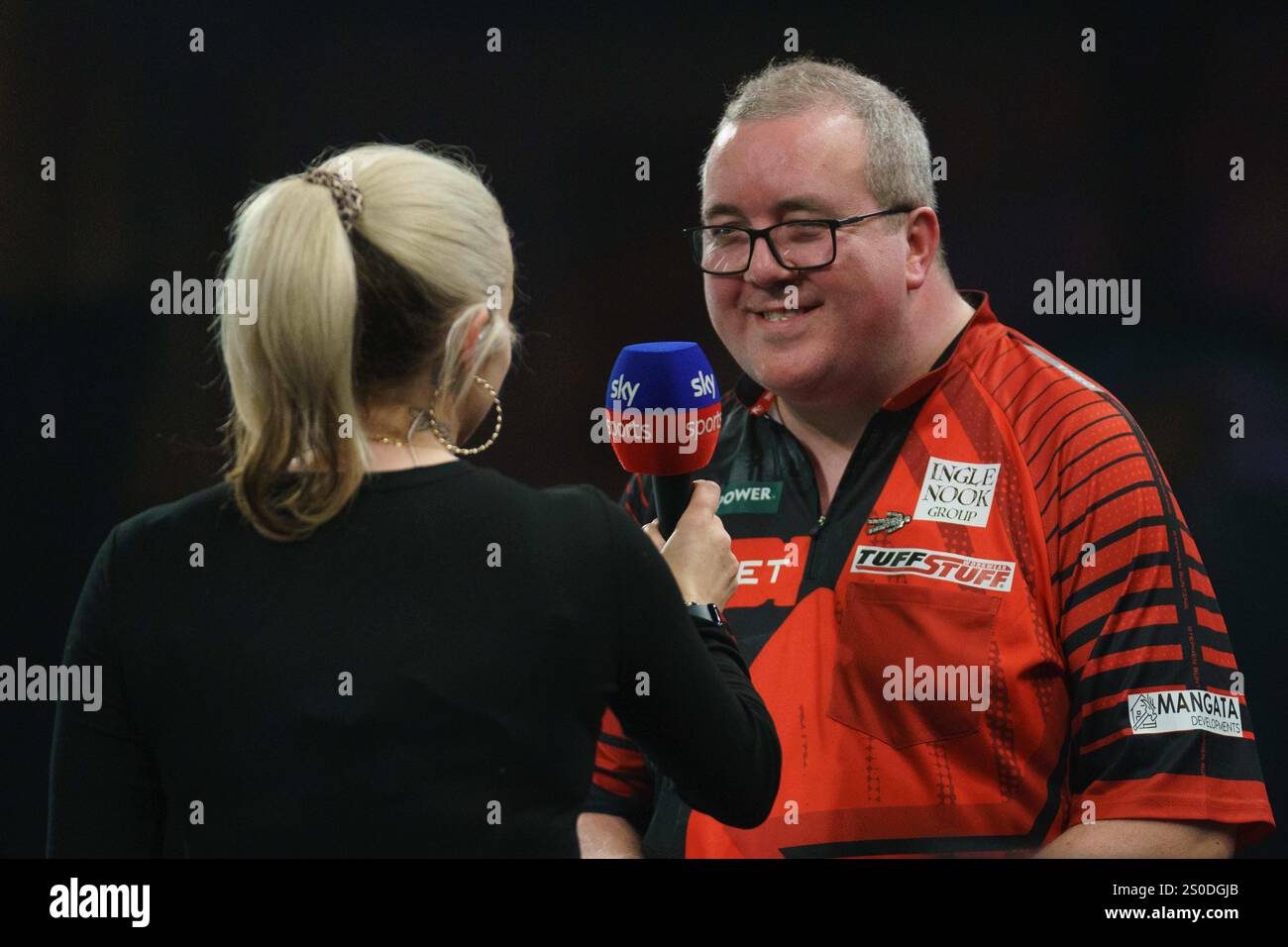 Stephen Bunting being interviewed by Polly James after winning his 3rd