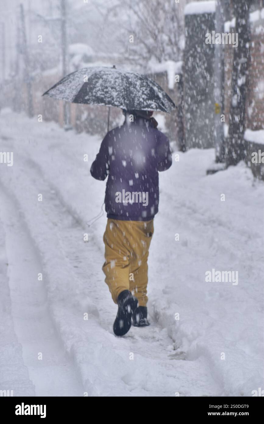 Srinagar, India. 27th Dec, 2024. A person walks over the snow. The first snowfall of the season hits Kashmir Valley, blanketing the region in thick white snow. Currently in the 40-day 'Chillai-Kalan' period, which began on December 21, the valley is experiencing unusually low temperatures. on December 27, 2024 In Srinagar, India. (Photo by Umer Qadir/ Credit: Eyepix Group/Alamy Live News Stock Photo