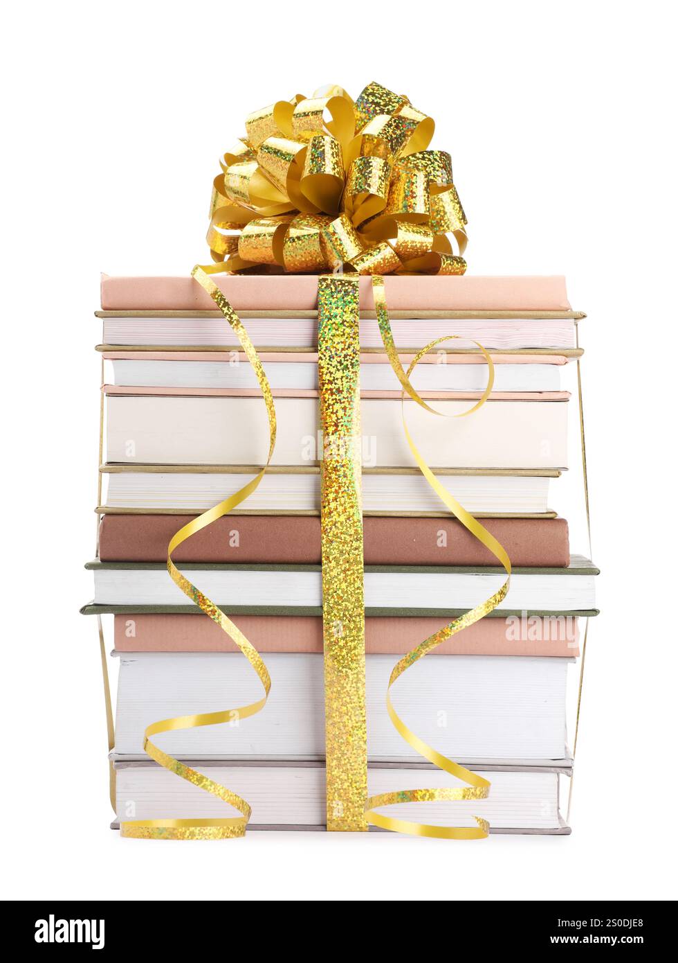 Stack of books with golden bow as gift isolated on white Stock Photo ...