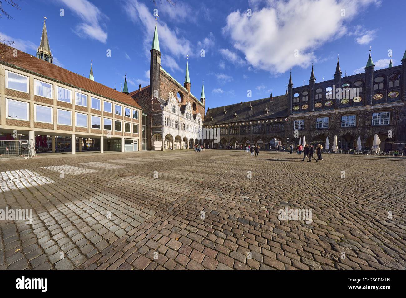 City administration with town hall, outdoor area of Cafe Niederegger - Arkadencafe, cobblestone square, market square, Hanseatic city of Luebeck, in Stock Photo