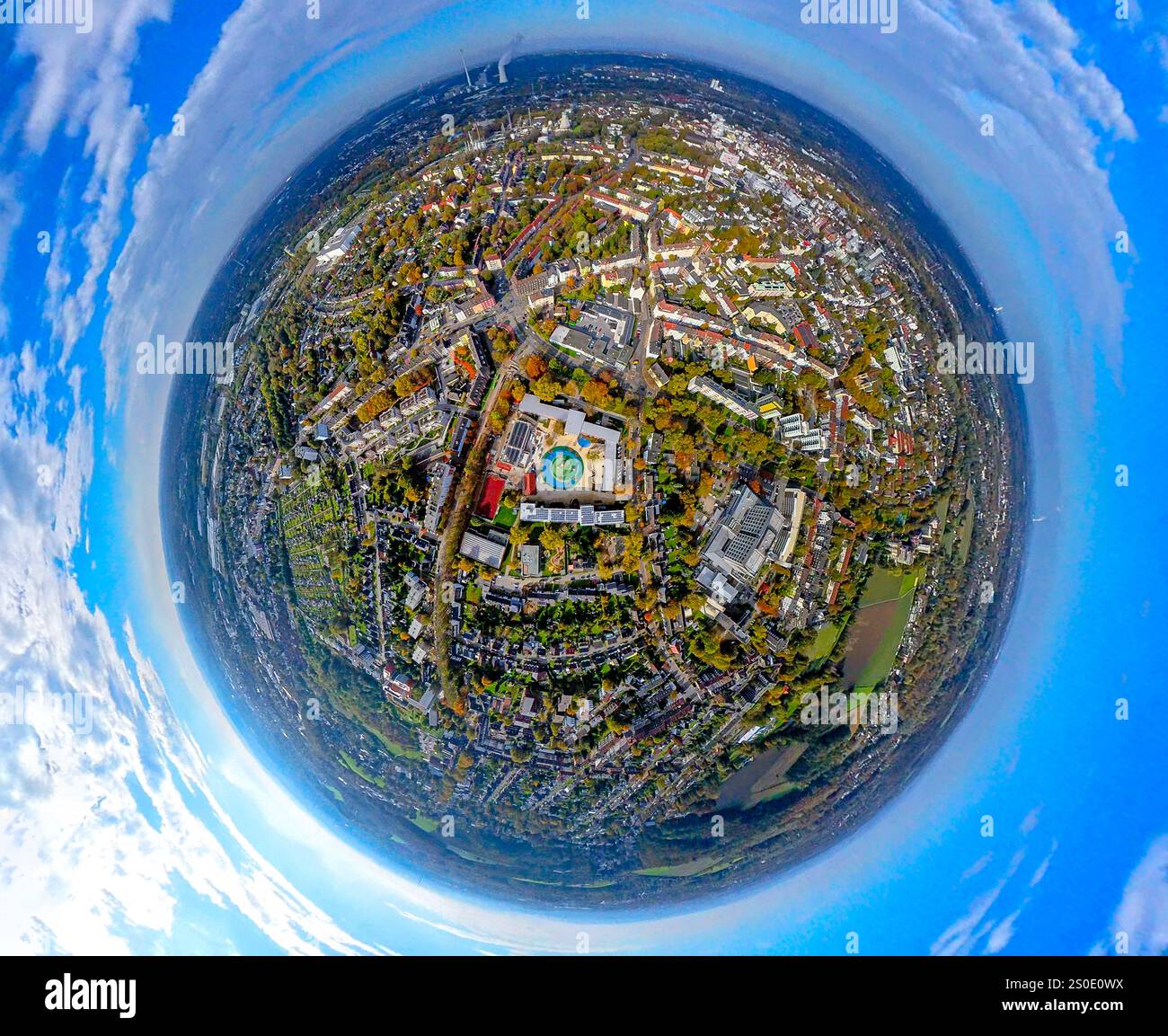 Aerial view, city and hummingbird school elementary school with district center H2Ö, colorful circular interior design and playground with trees in th Stock Photo