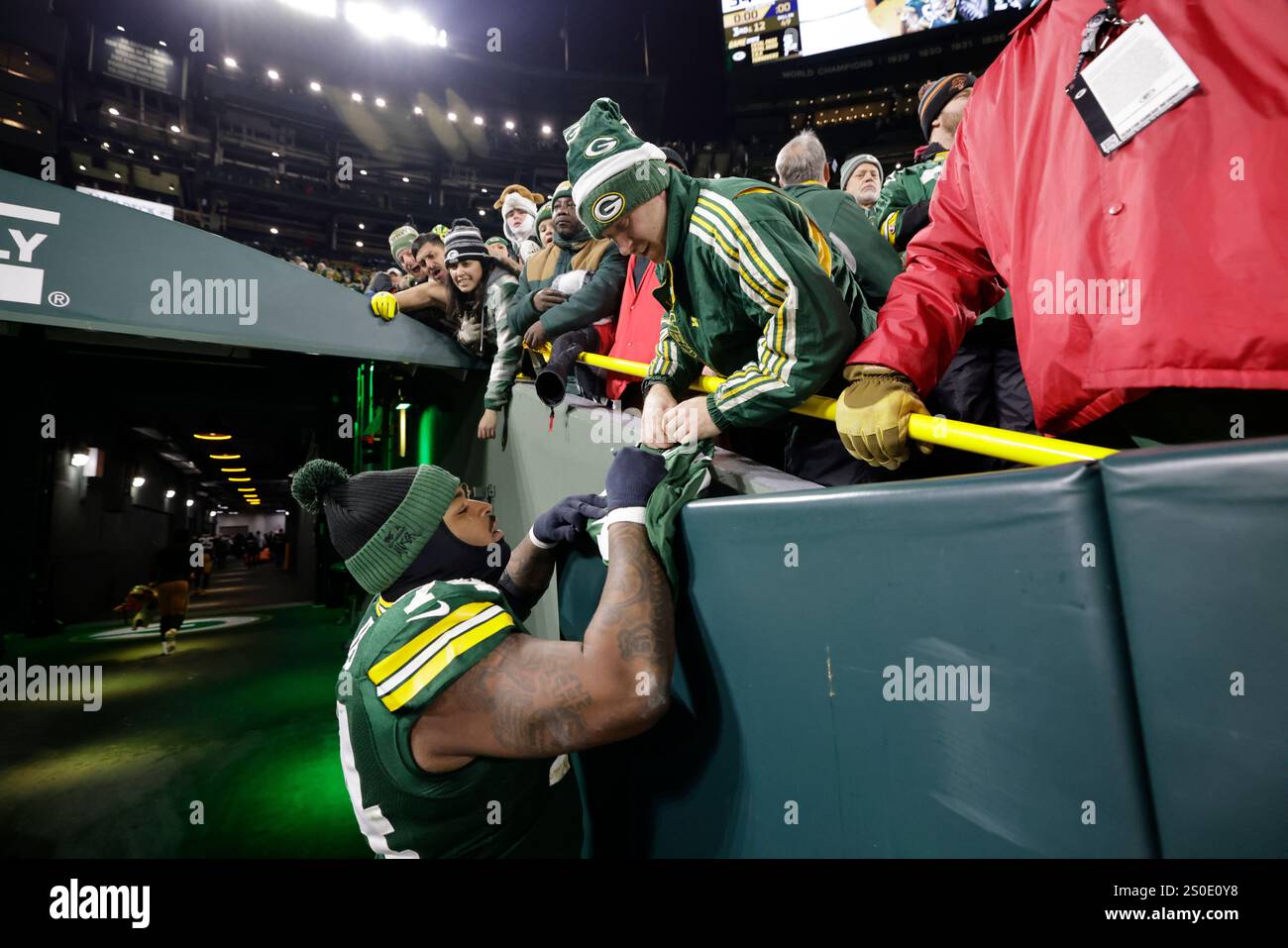 Green Bay Packers guard Elgton Jenkins (74) after an NFL football game