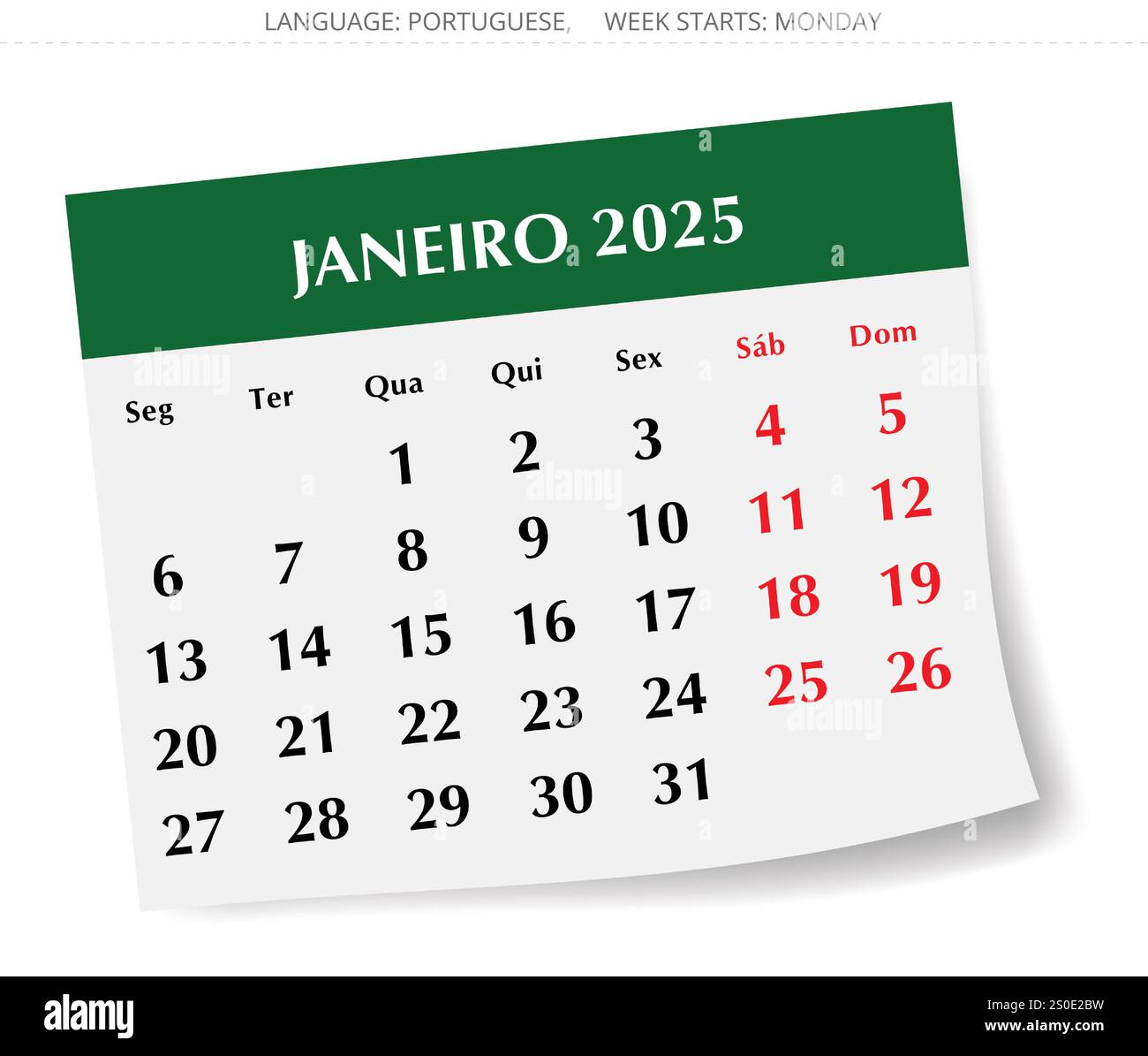 January PORTUGUESE monthly calendar for 2025 year. Vector illustration