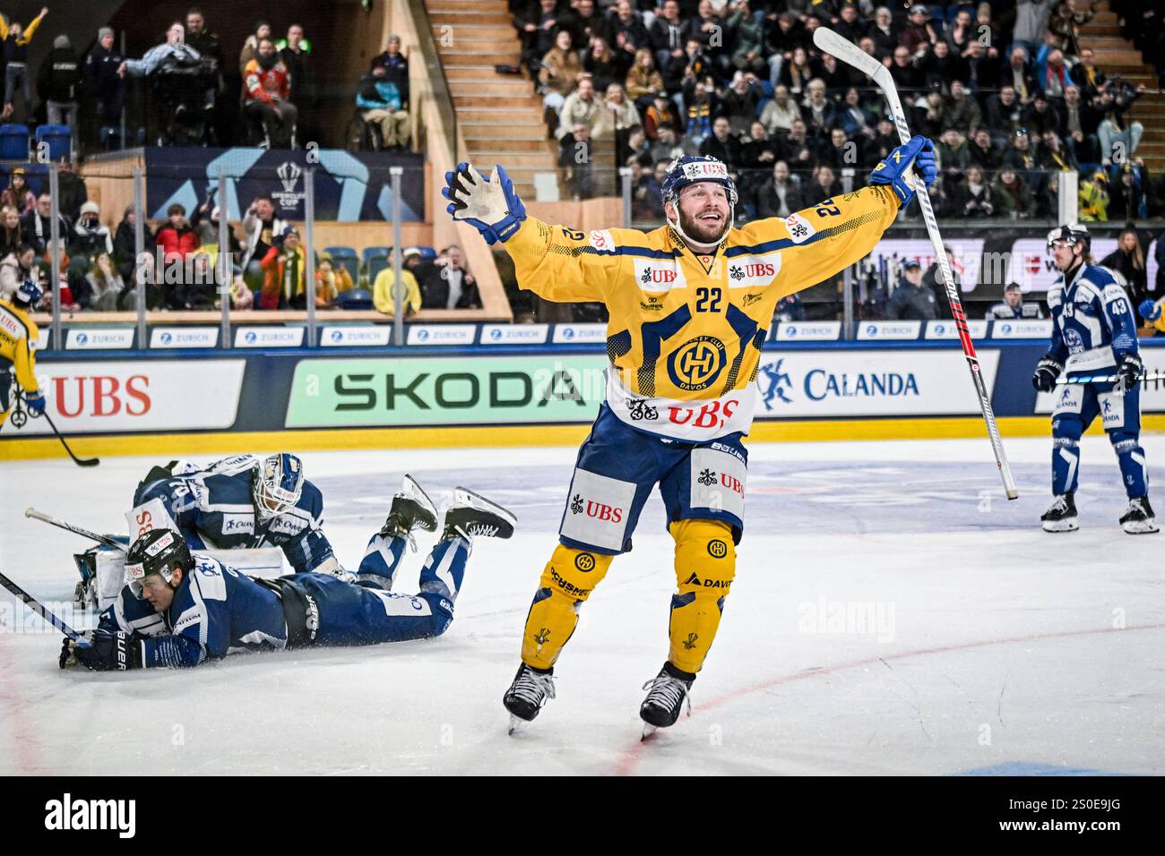 Davos' Brendan Lemieux celebrates after scoring during the 96th