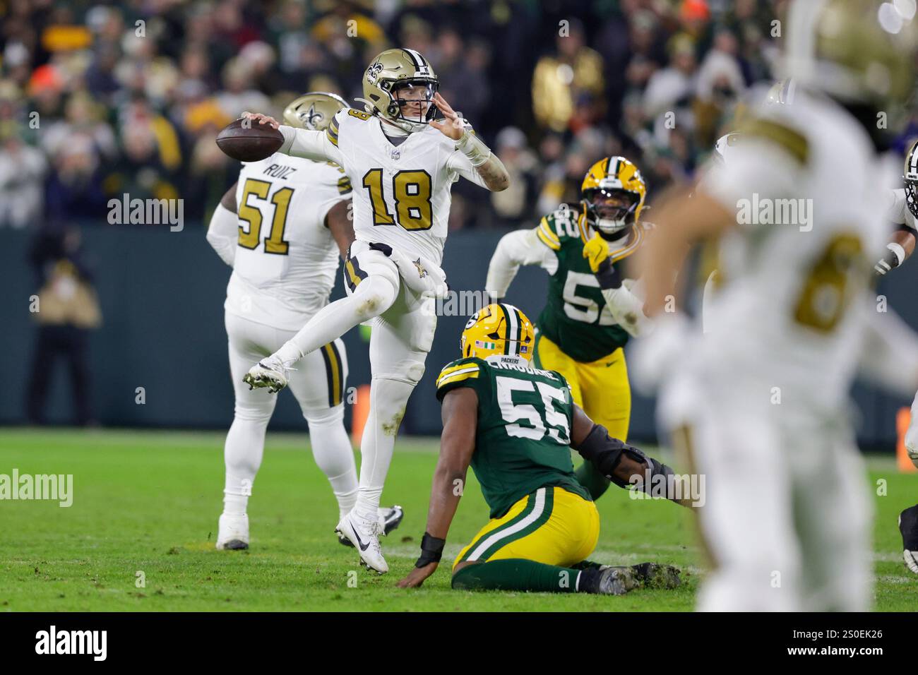 New Orleans Saints quarterback Spencer Rattler (18) passes the ball