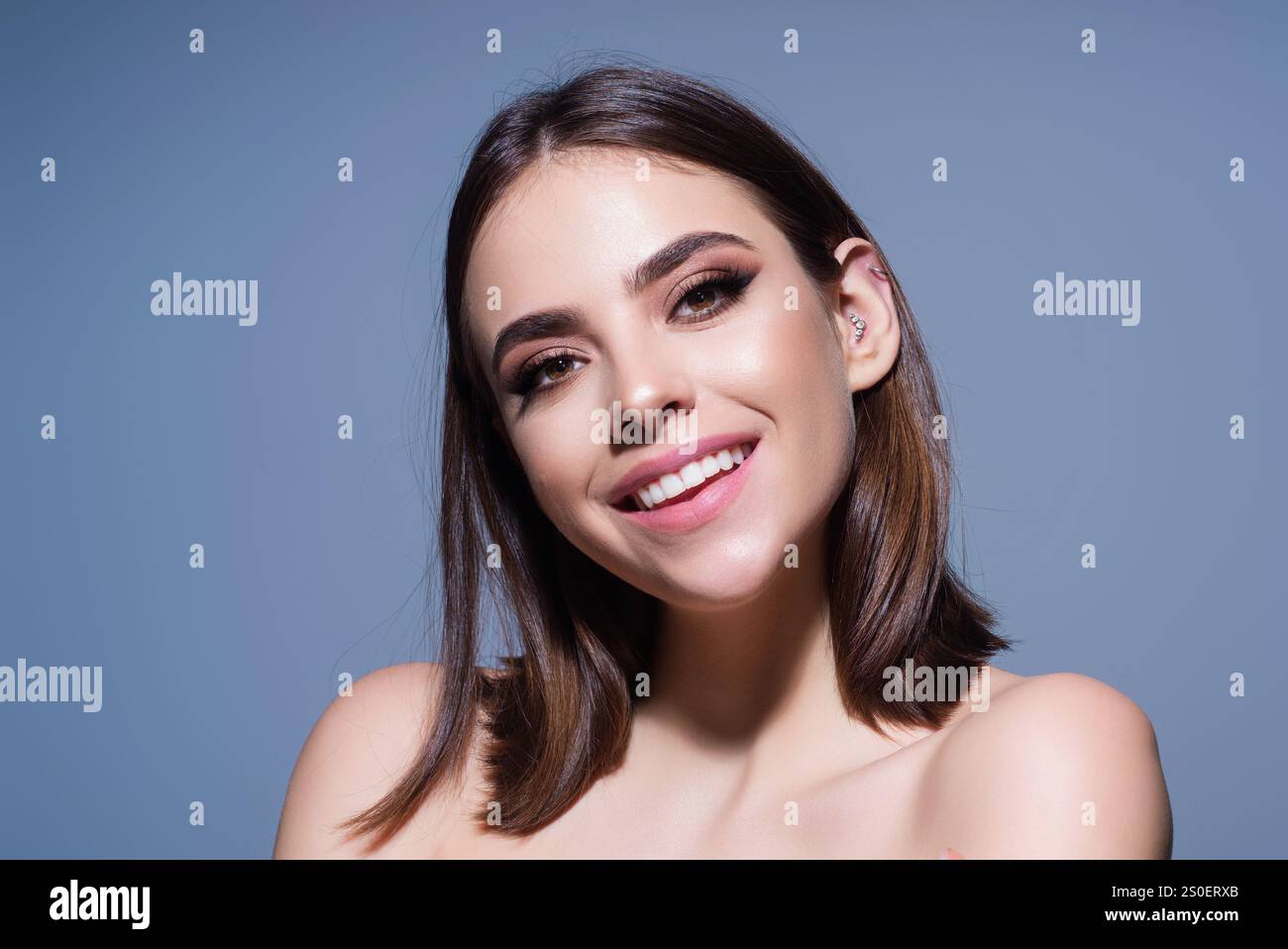 Smiling face. Female face happy smile. Close up portrait of young happy ...