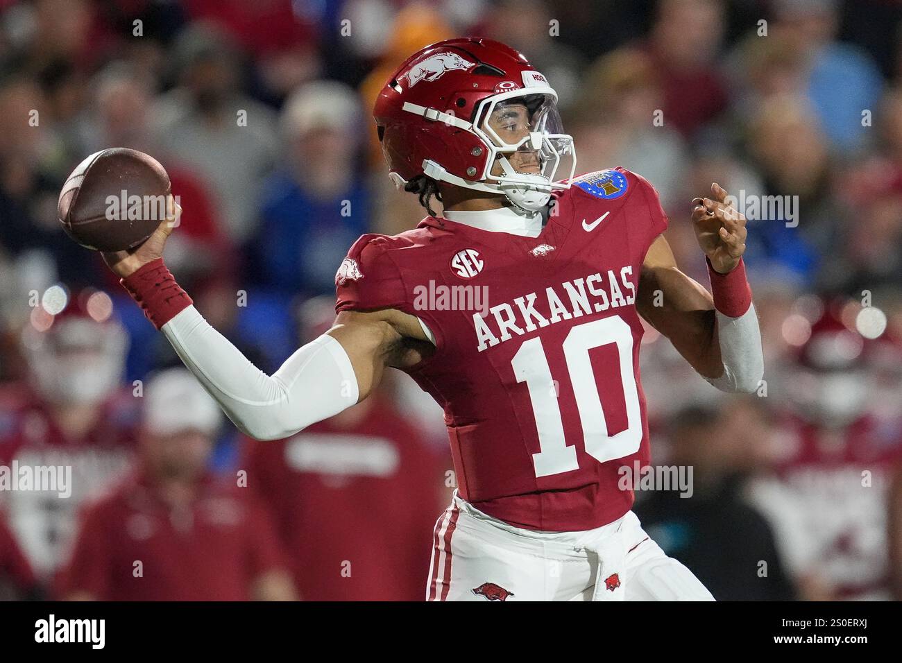 Arkansas quarterback Taylen Green (10) looks to throw a pass during the